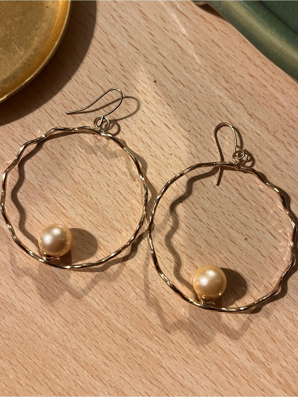 Gold Hoop Earrings with Champagne Pearl Accent